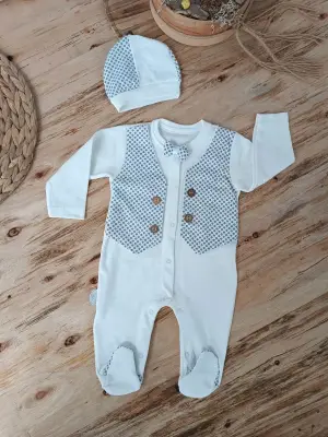 Omarı Detaylı Çıtçıtlı Ekru Erkek Bebek Tulumu