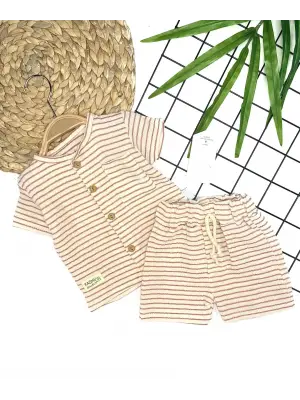 Omarı Düğme Detaylı Çizgili Yazlık 2li Erkek Bebek Takımı