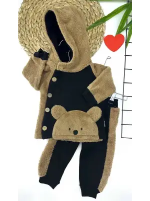 Omarı Düğme Kapamalı Kapşonlu Erkek Bebek Takımı Siyah
