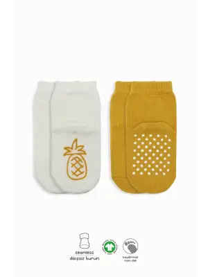 Omarı Eğlenceli Meyve Desenli Kaymaz Çorap Seti - Ekru Hardal