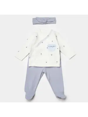 Omarı Ekru Lila Çiçek Desenli 3 Parça Zıbın Seti