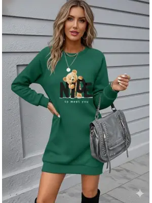 Omarı Elegan Kadın Ayı Desenli Elbise