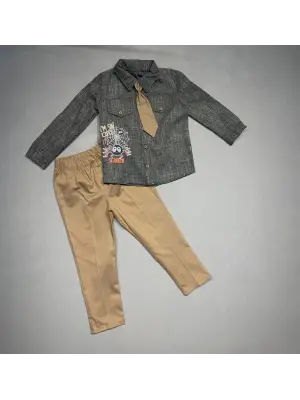 Omarı Elegan Keten Çocuk Takımı Uzun Kollu Pantolonlu Kahverengi 3lü Set