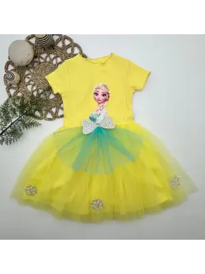 Omarı Elsa Desenli Fiyonklu Kız Çocuk Tütü Elbise Sarı