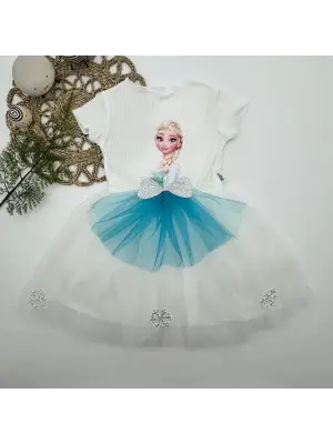 Omarı Elsa Desenli Fiyonklu Tül Etekli Kız Çocuk Tütü Elbise