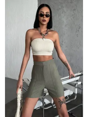 Omarı Esnek Krep Kumaşlı Yüksek Bel Çizgili Şort Haki