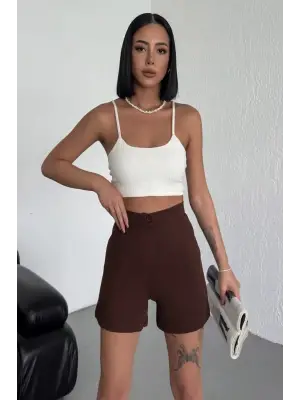 Omarı Esnek Likralı Yüksek Bel Kahverengi Krep Şort