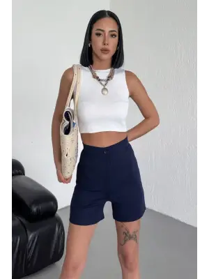 Omarı Esnek Likralı Yüksek Bel Krep Şort - Lacivert Renk Seçeneği