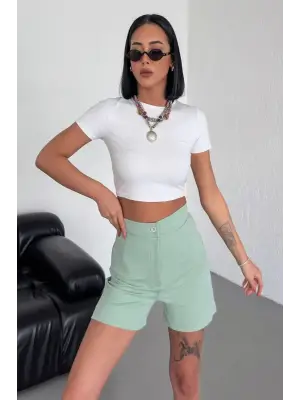 Omarı Esnek Yüksek Bel Krep Şort - Su Yeşili