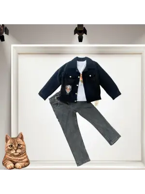 Omarı Fitilli Kadife Ceket ve Kot Pantolonlu 3lü Çocuk Takımı Siyah