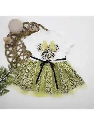 Omarı Fiyonk Detaylı Kız Bebek Tütü Elbisesi Sarı-ekru