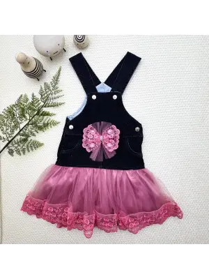 Omarı Fiyonk Detaylı Tül Etek Salopet Kız Çocuk Elbisesi