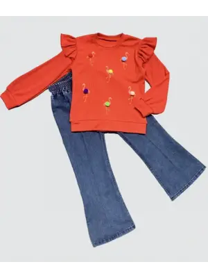 Omarı Flamingo Desenli Kız Çocuk Takımı