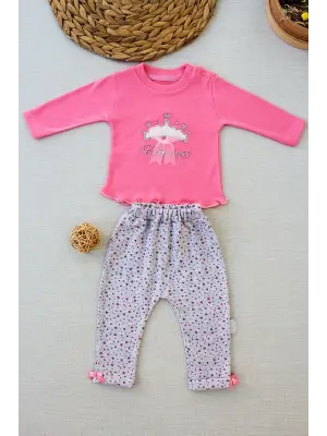 Omarı Fuşya Bebek Takımı Uzun Kollu Sweat Şapkalı 3lü Set