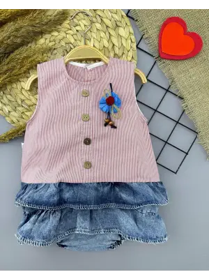 Omarı Gül Rozet Detaylı Kot Kilotlu Etek Kız Bebek Elbisesi