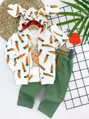 Omarı Havuç Desenli Kulaklı 3lü Erkek Bebek Takımı Ekru