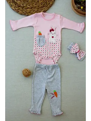 Omarı Havuç Tavşan Nakışlı Kız Bebek Zıbınlı Takı 3lü Set