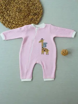 Omarı Hayvan Nakışlı Fermuarlı Bal Peteği Kız Bebek Tulumu Pembe