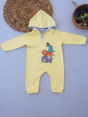 Omarı Hayvanlar Alemi Nakışlı Kapşonlu Bebek Tulumu Sarı