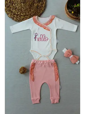 Omarı Hello Nakışlı Kruvaze Bandanalı Bebek Takımı