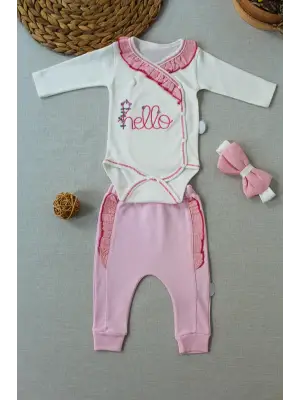 Omarı Hello Nakışlı Kruvaze Bandanalı Kız Bebek Takımı Pembe