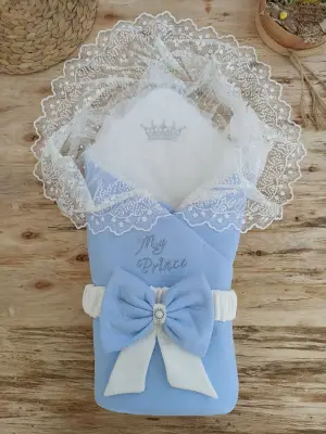 Omarı İnci Fiyonklu Bal Peteği Dantelli Mavi Kundak Battaniye