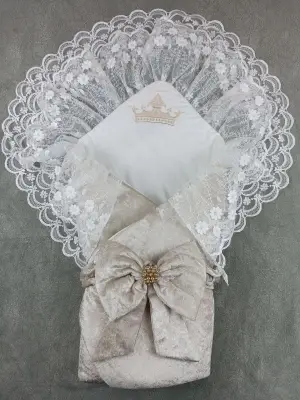 Omarı İnci Fiyonklu Yenidoğan Dantel Bebek Battaniyesi - Vizon-Ekru