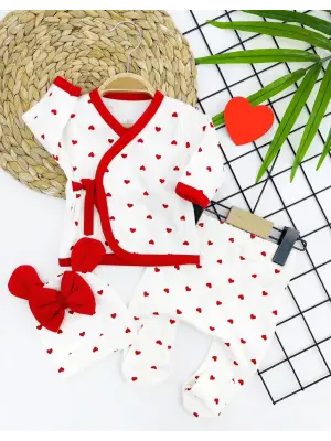 Omarı Kalp Desenli Şapkalı Patikli Kız Bebek Takımı