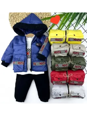 Omarı Kapşonlu Mont Pantolon Sweatli 3lü Bebek Takımı Sarı