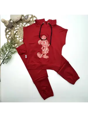 Omarı Kapşonlu Payetli Mickey Desenli Çocuk Takımı Kırmızı