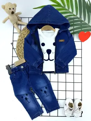 Omarı Kapşonlu Uzun Kol Erkek Bebek 3lü Kot Takımı Mavi