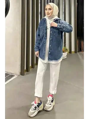 Omarı Kar Yıkama Detaylı Oversize Kot Ceket