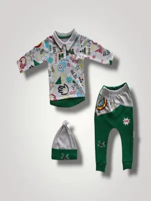 Omarı Kedi Nakışlı Bebek Sweat Takımı Yeşil