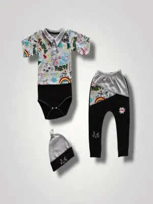 Omarı Kedi Nakışlı Power 3lü Bebek Takımı