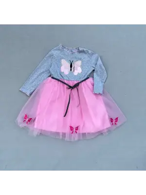 Omarı Kelebek Desenli Astarlı Kız Çocuk Tütü Elbise - Pembe