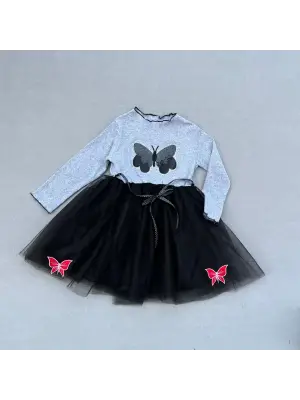 Omarı Kelebek Desenli Siyah Kız Çocuk Tütü Elbise