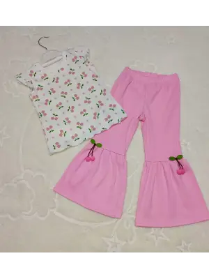 Omarı Kiraz Baskılı İspanyol Paçalı Kız Çocuk Takımı