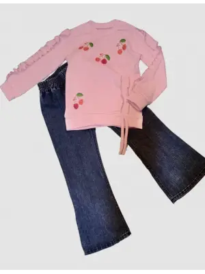 Omarı Kiraz Desenli Penye Sweat Kız Çocuk Takımı
