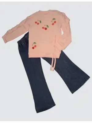 Omarı Kız Çocuk Kot Pantolonlu Kiraz Desenli Penye Takımı