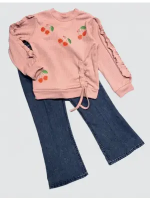 Omarı Kot Pantolonlu Kiraz Desenli Penye Sweat Kız Çocuk Takımı
