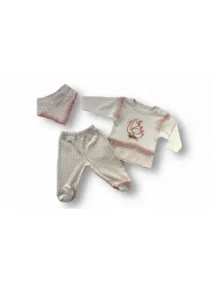 Omarı Kraliçe Kuğu Nakışlı Uzun Kollu Bebek Takımı Ekru