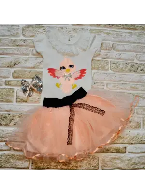 Omarı Kuş Desenli Tişört ve Tütü Etek Kız Bebek Takımı