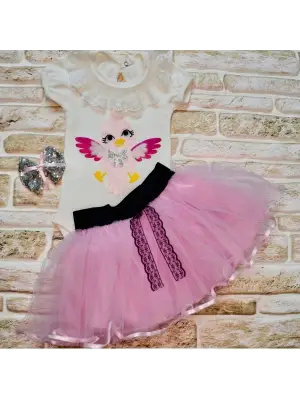 Omarı Kuş Desenli Tütü Etekli Bebek Kız Takımı Lila