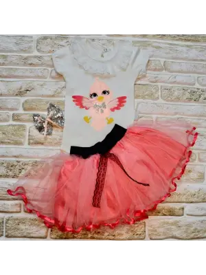 Omarı Kuş Desenli Tütü Etekli Kız Bebek Takımı