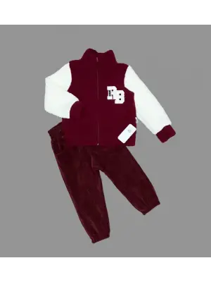 Omarı Kuzu Kumaş Fermuarlı Sweat Kadife Çocuk 2li Takım Bordo