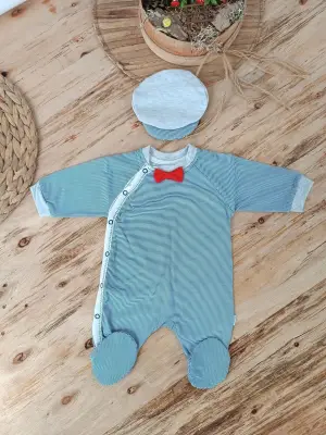 Omarı Lacivert Papyonlu Bebek Tulumu Çıtçıt Kapama İle