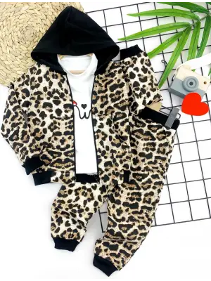 Omarı Leopar Desenli Kapşonlu Kız Çocuk Sweat Takımı