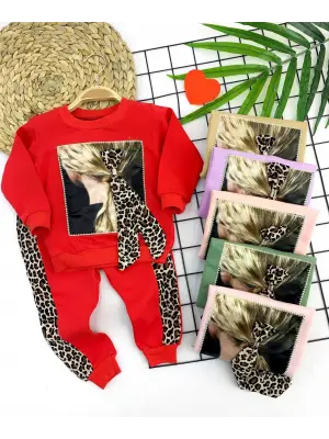 Omarı Lepoar Şerit Desenli Kız Çocuk Takımı Pudra