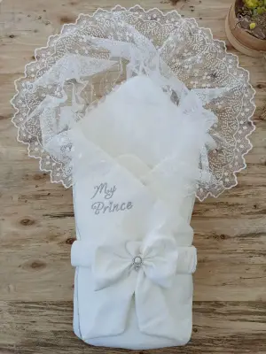 Omarı Lüks Nakışlı Yenidoğan Kundak Battaniyesi - Ekru
