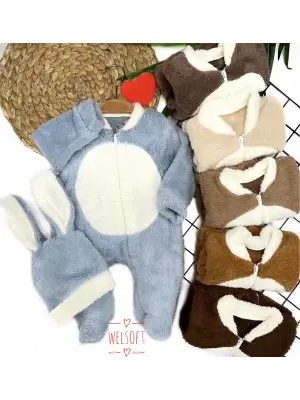Omarı Mavi Patikli Tavşan Kulak Şapkalı Bebek Tulumu